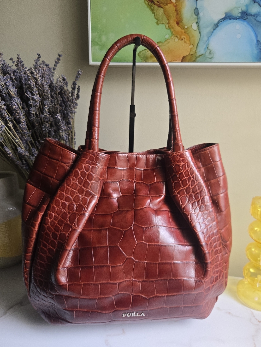 GUC Furla Ox Blood Color Croc Embossed Leather Tote Bag